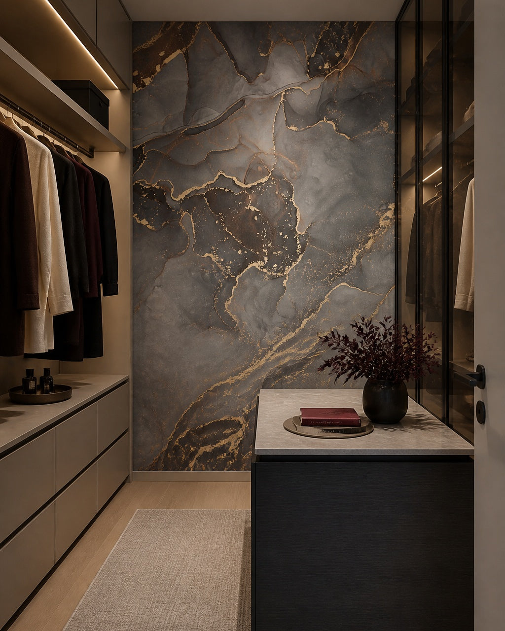Grey marble wallpaper in a dressing room.