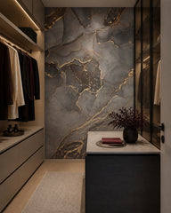 Grey marble wallpaper in a dressing room.
