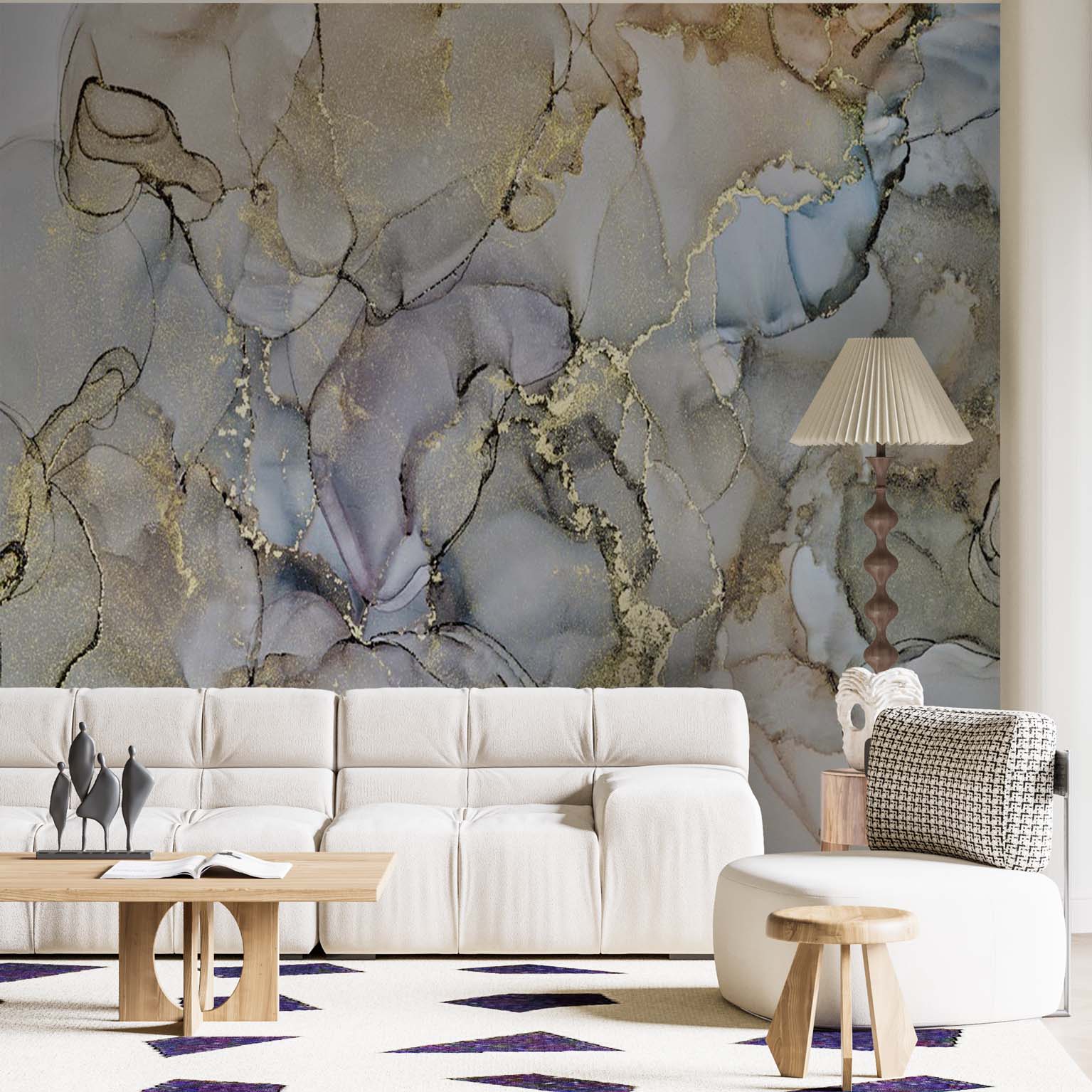 Marble Wall Mural Brown Gold Blue Fluid Alcohol Ink Wallpaper