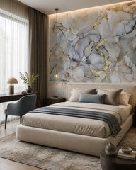 Smoky blue marble & gold alcohol ink wall mural in a designer bedroom.