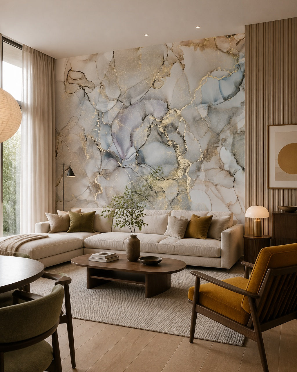 Smoky blue marble & gold alcohol ink wall mural in a designer living room.