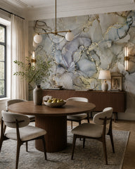 Smoky blue marble & gold alcohol ink wall mural in a refined dining area.