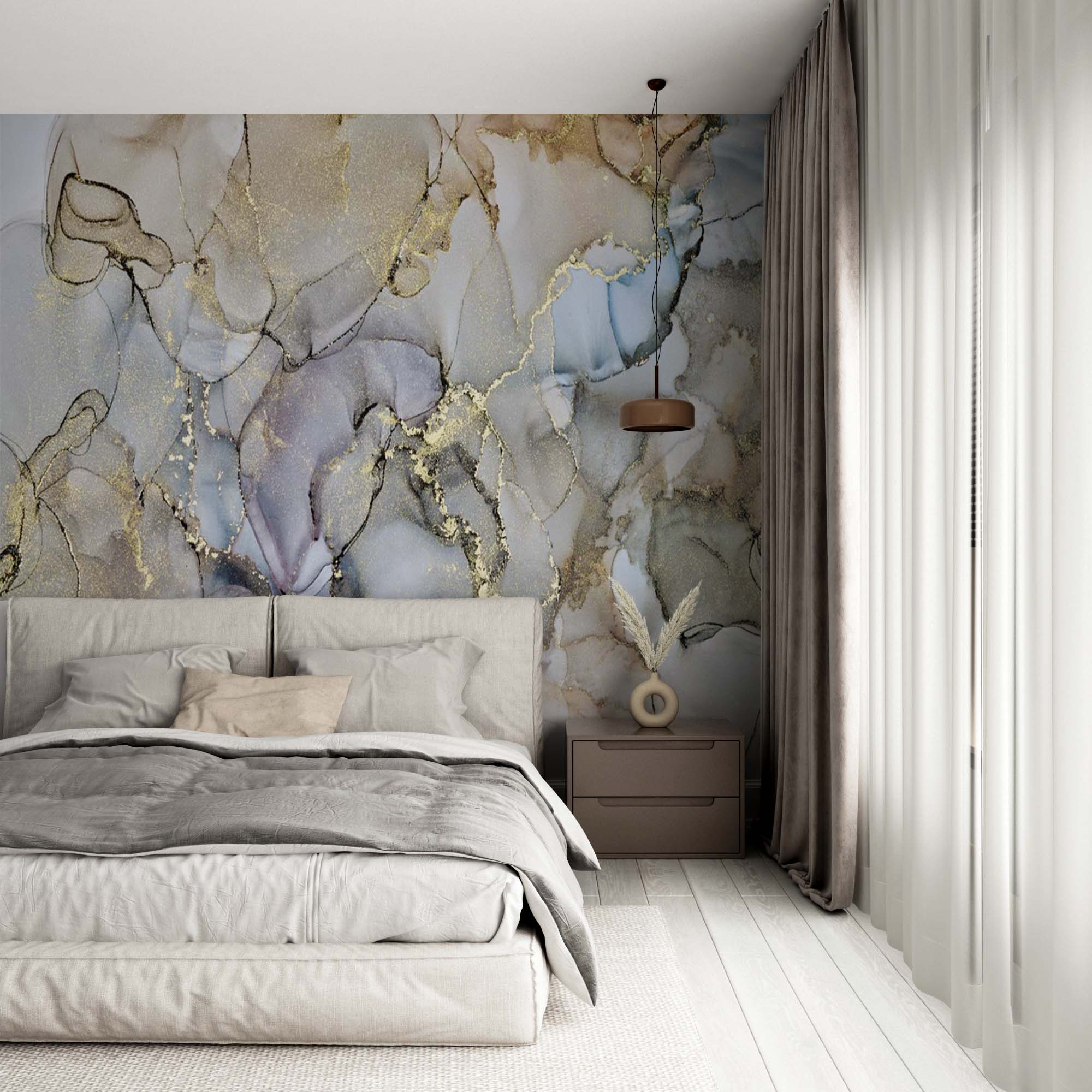 Marble Wall Mural Brown Gold Blue Fluid Alcohol Ink Wallpaper