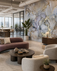 Smoky blue marble & gold alcohol ink wall mural in a creative office lounge.