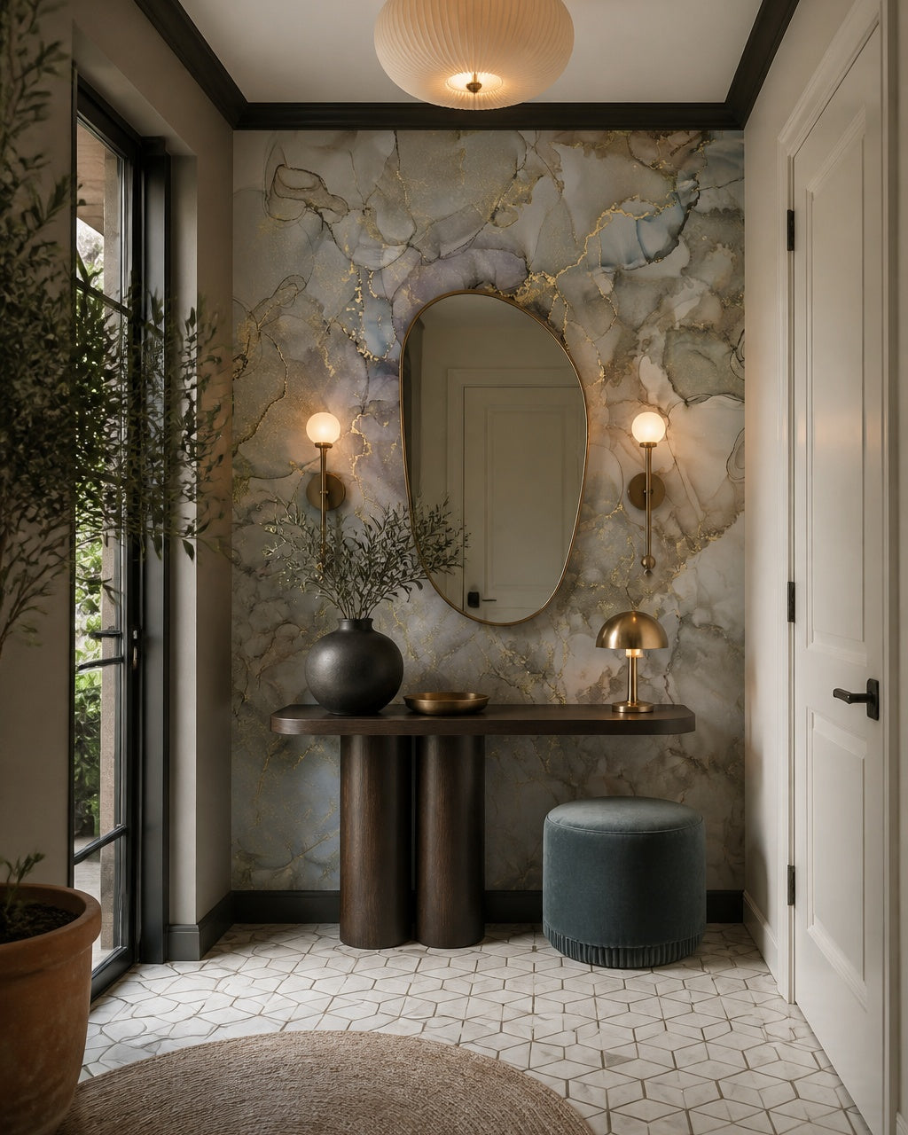 Smoky blue marble & gold alcohol ink wall mural in a refined foyer.