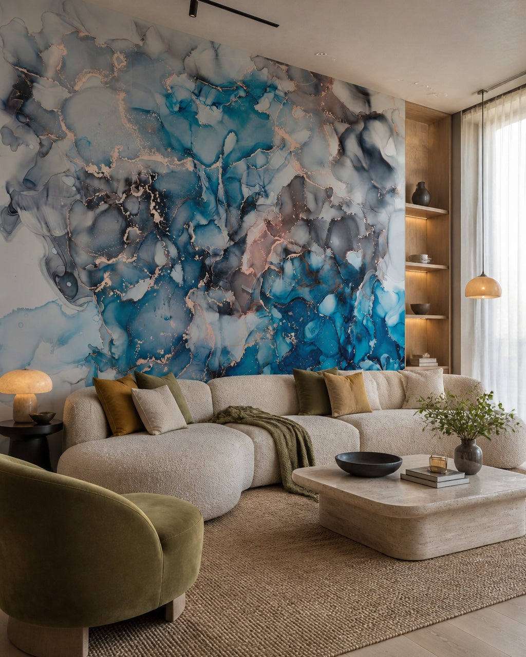 Ocean blue & rose gold alcohol ink wall mural in a designer living room.