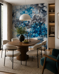Ocean blue & rose gold alcohol ink wall mural in a refined dining area.