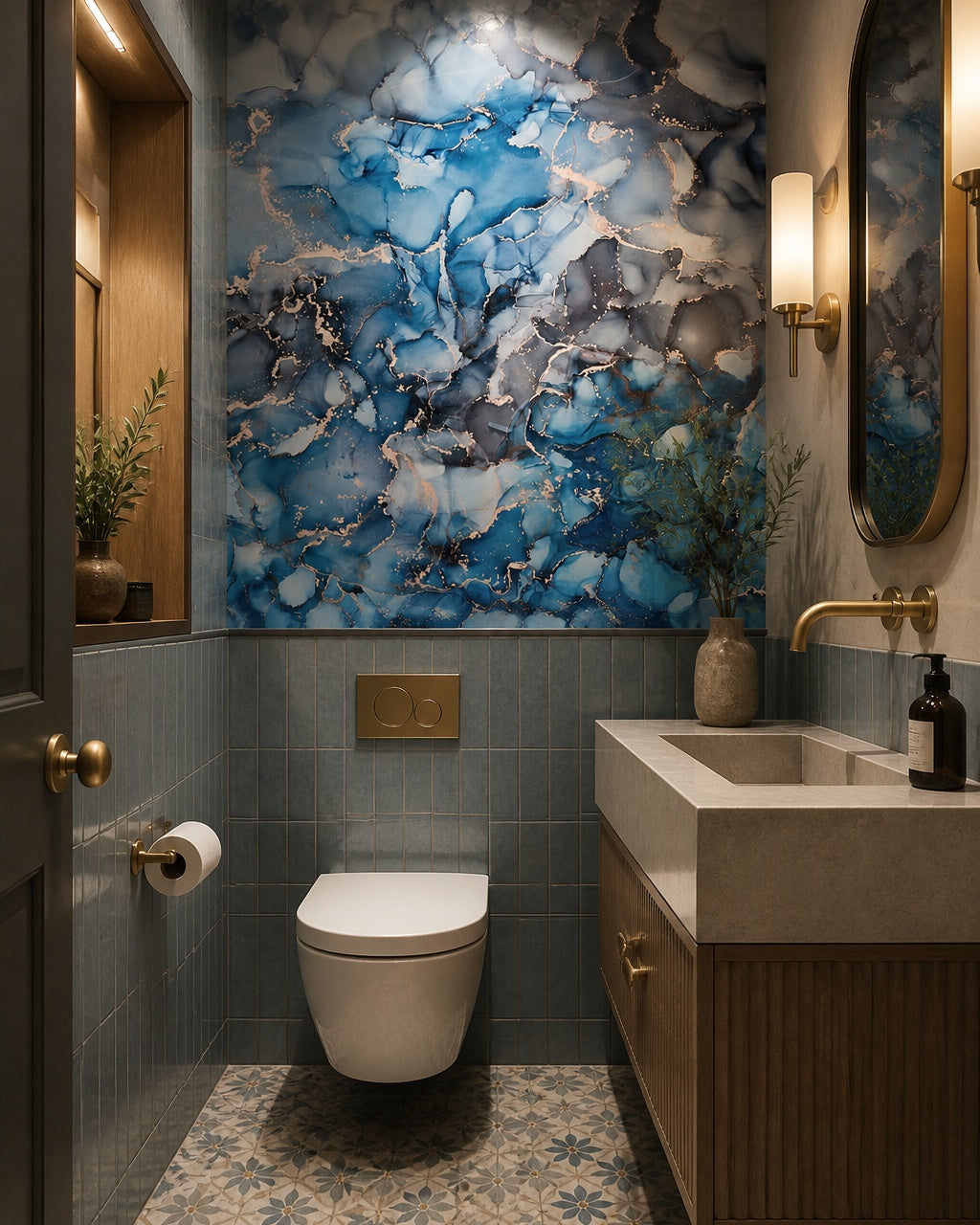 Ocean blue & rose gold alcohol ink wall mural in an elegant powder room.