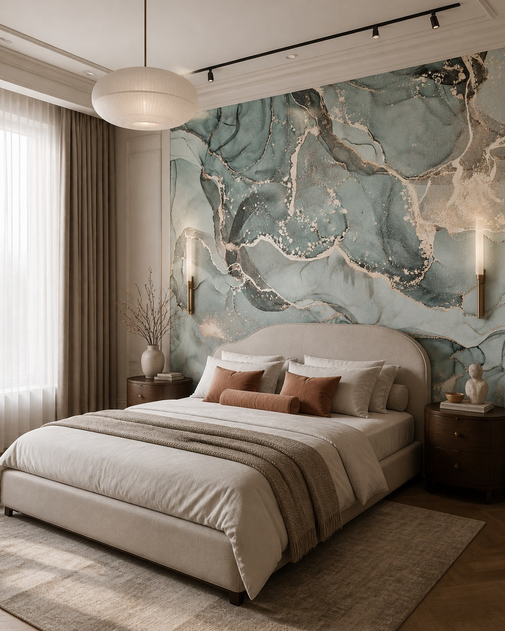 Teal gold marble wallpaper in a designer bedroom.