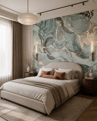 Teal gold marble wallpaper in a designer bedroom.