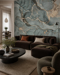 Teal gold marble wallpaper in a designer living room.