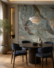 Teal gold marble wallpaper in a refined dining area.