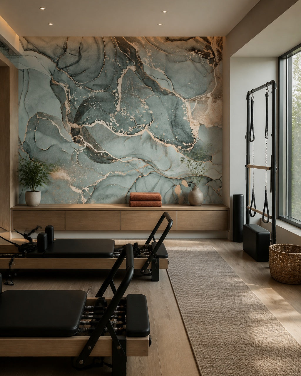 Teal gold marble wallpaper in a fitness studio.