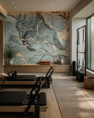 Teal gold marble wallpaper in a fitness studio.
