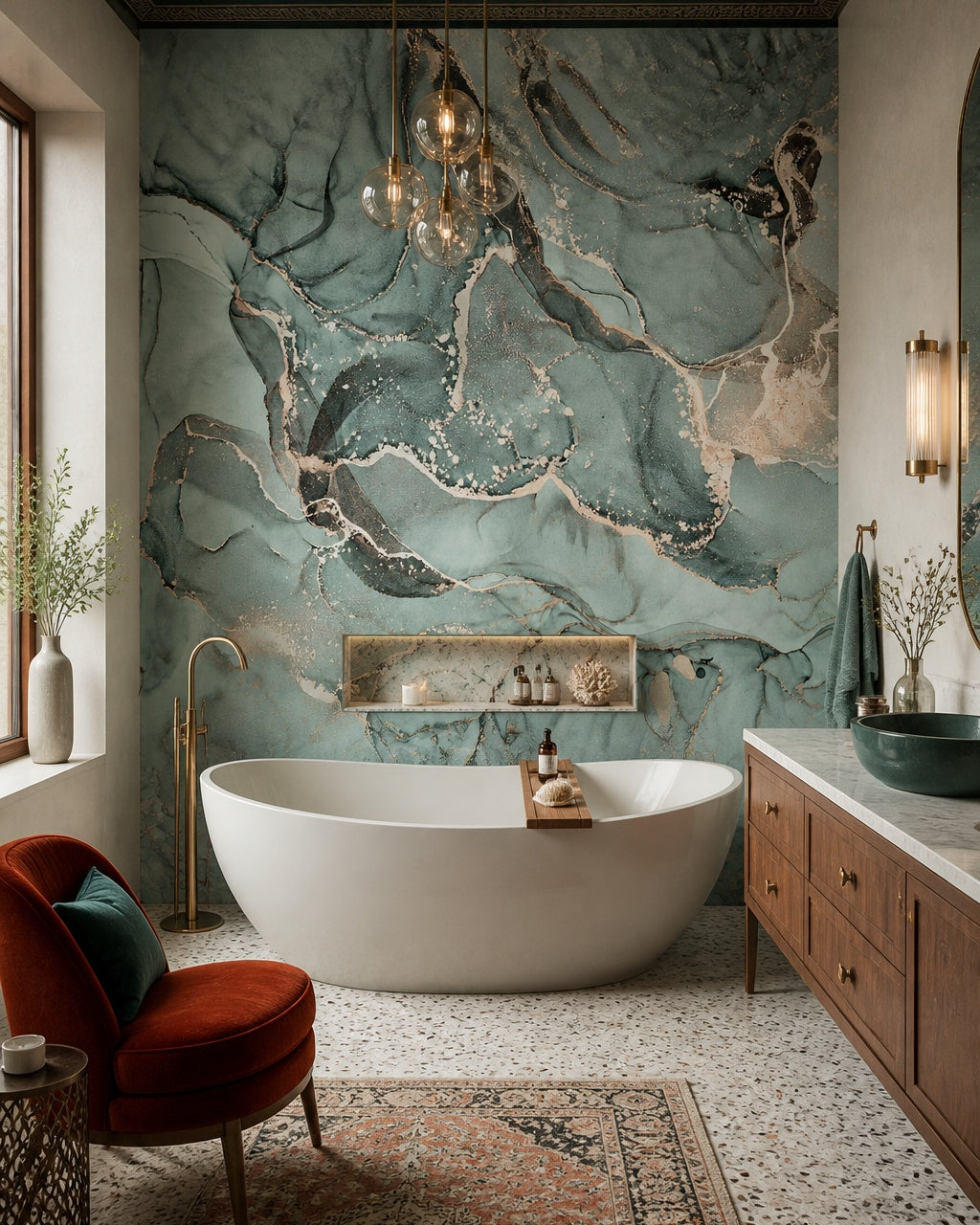 Teal gold marble wallpaper in a luxury bathroom.