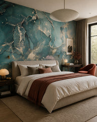 Deep teal & silver alcohol ink marble wall mural in a designer bedroom.