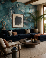 Deep teal & silver alcohol ink marble wall mural in a designer living room.