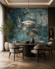 Deep teal & silver alcohol ink marble wall mural in a refined dining area.