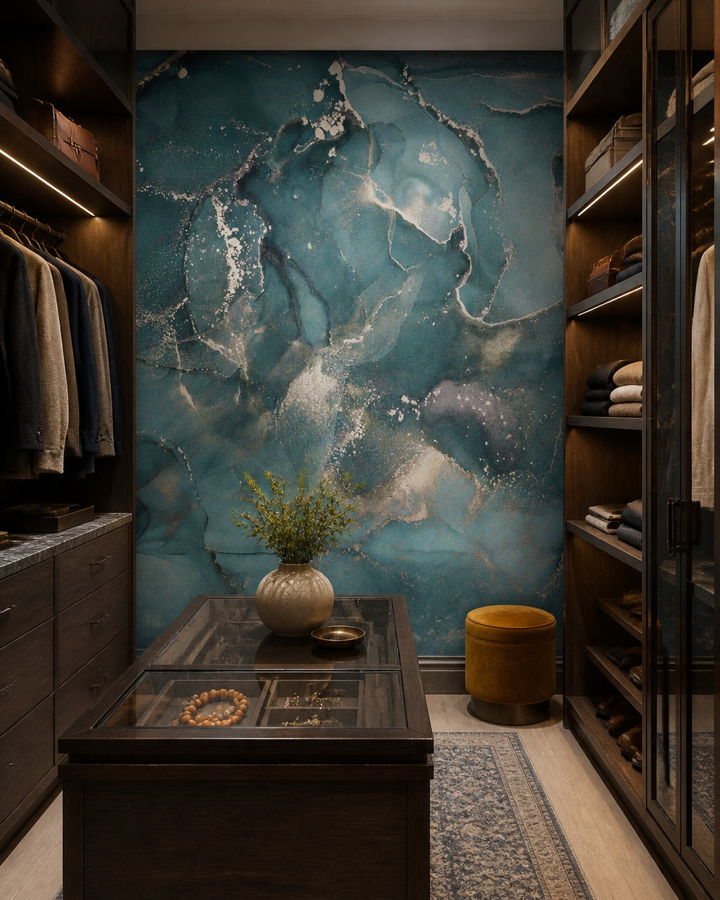 Deep teal & silver alcohol ink marble wall mural in a walk-in wardrobe.