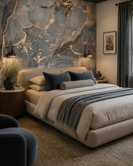 Charcoal gray & copper alcohol ink wall mural in a designer bedroom.