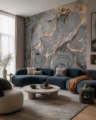 Charcoal gray & copper alcohol ink wall mural in a designer living room.