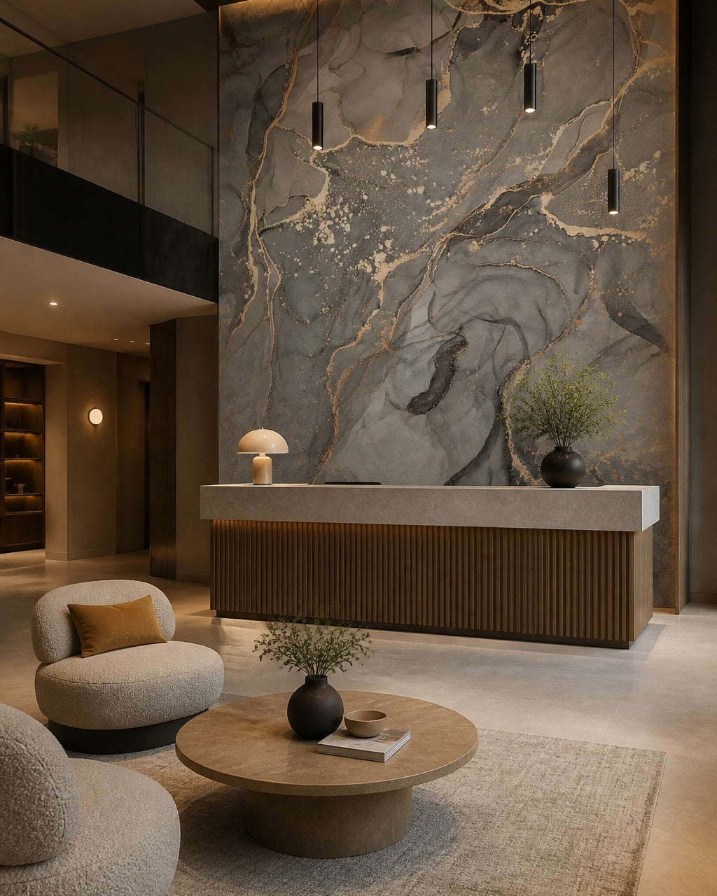 Charcoal gray & copper alcohol ink wall mural in a boutique hotel lobby.