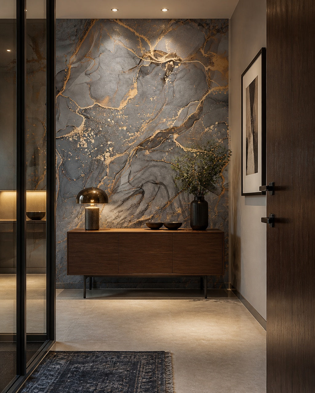 Charcoal gray & copper alcohol ink wall mural in a designer entrance hall.
