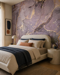 Lavender marble & gold alcohol ink wall mural in a designer bedroom.