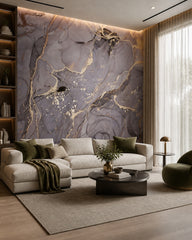 Lavender marble & gold alcohol ink wall mural in a designer living room.