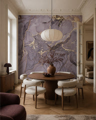 Lavender marble & gold alcohol ink wall mural in a refined dining area.