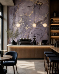 Lavender marble & gold alcohol ink wall mural in a specialty coffee shop.