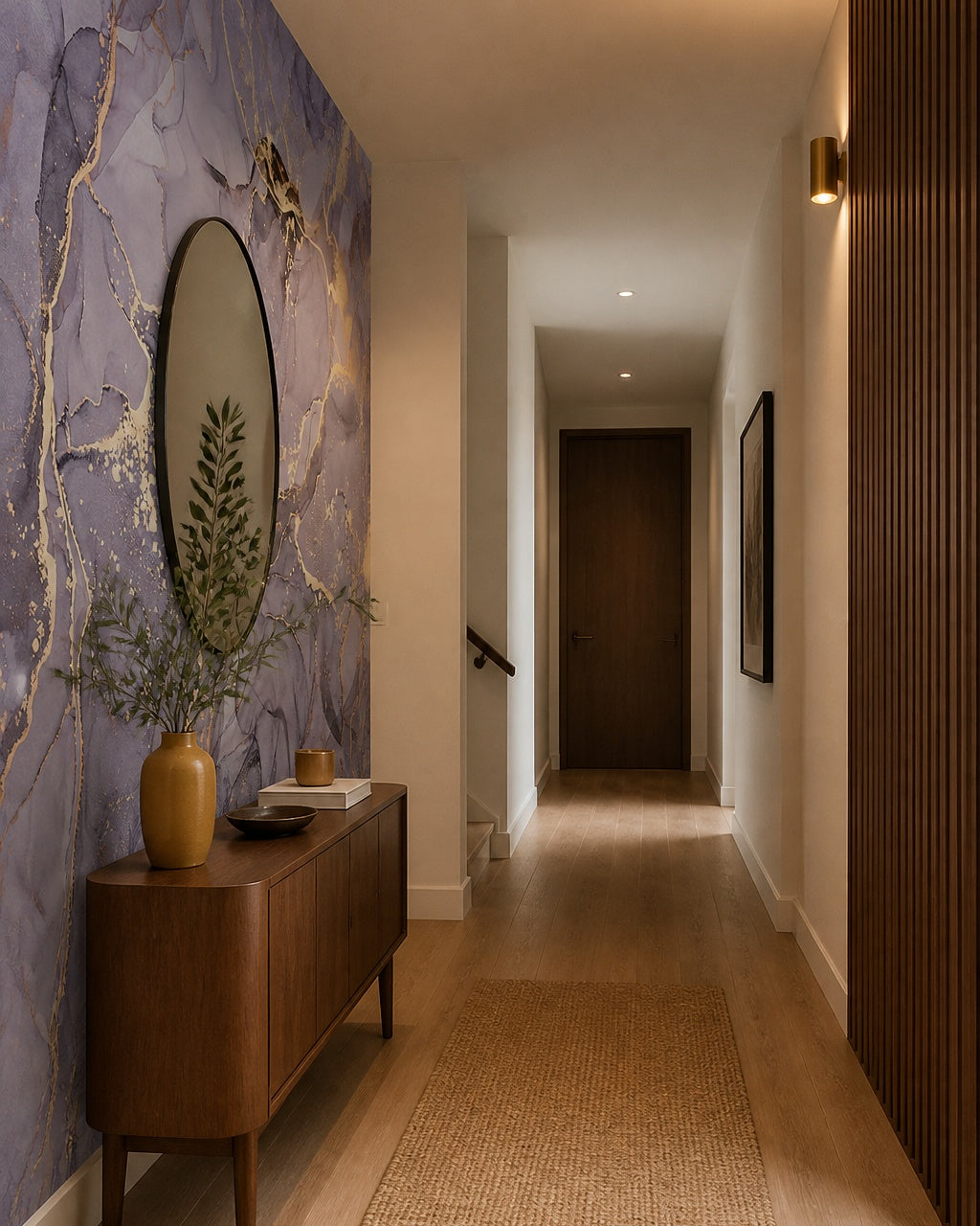 Lavender marble & gold alcohol ink wall mural in an architectural hallway.