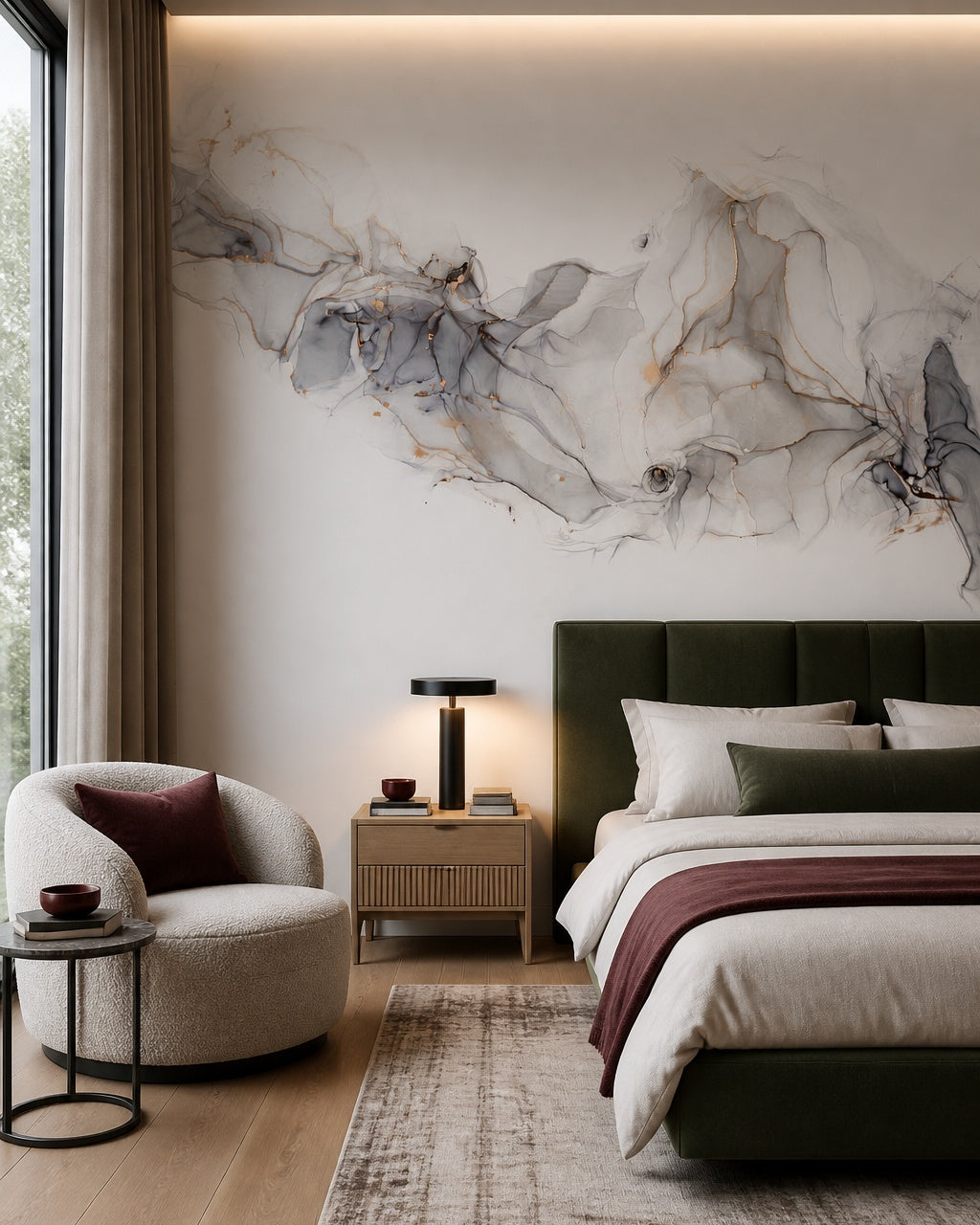Grey and gold ink wallpaper in a designer bedroom.