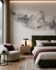 Grey and gold ink wallpaper in a designer bedroom.