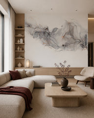 Grey and gold ink wallpaper in a designer living room.