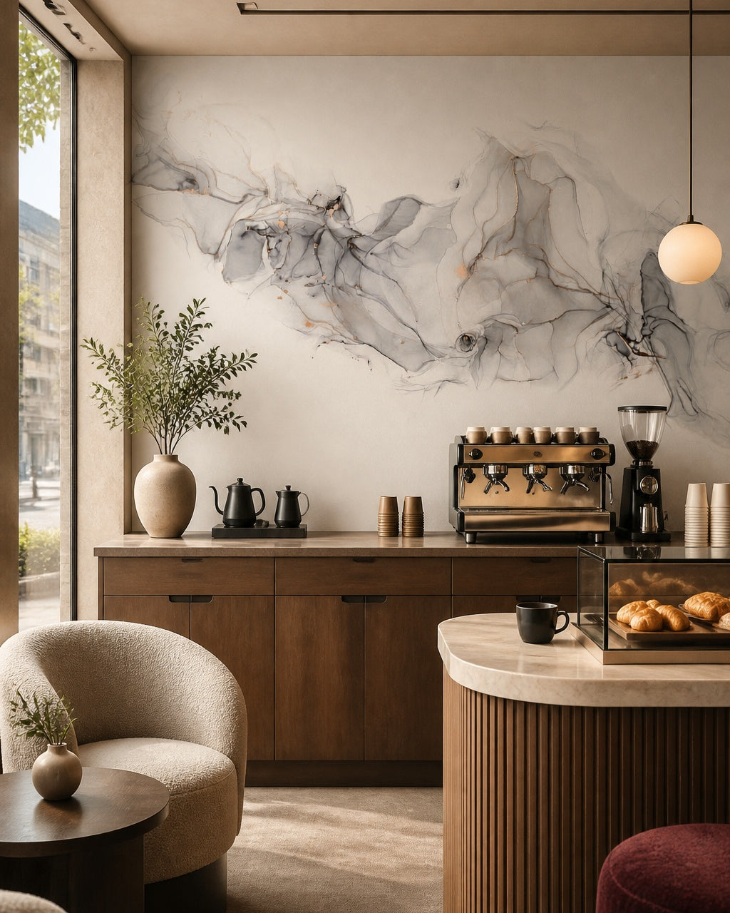 Grey and gold ink wallpaper in a specialty coffee shop.