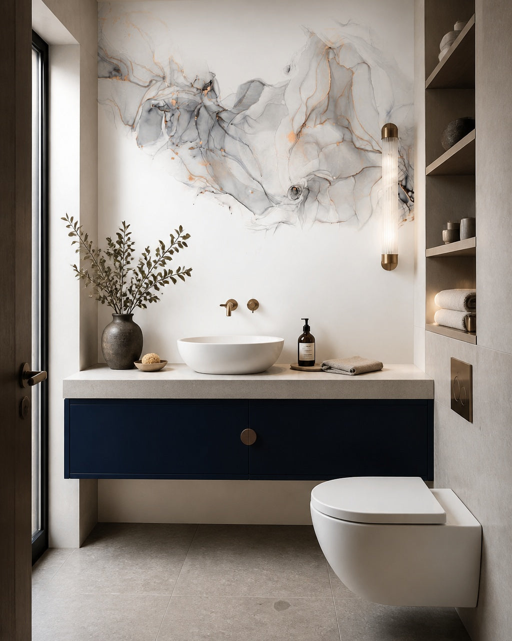 Grey and gold ink wallpaper in a luxury bathroom.