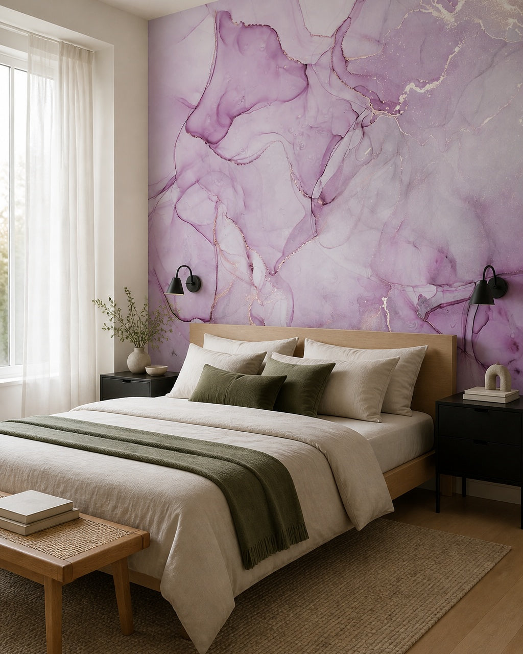 Soft pink & lilac alcohol ink wall mural in a designer bedroom.