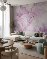 Soft pink & lilac alcohol ink wall mural in a designer living room.