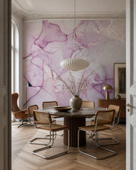 Soft pink & lilac alcohol ink wall mural in a refined dining area.