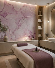 Soft pink & lilac alcohol ink wall mural in a wellness spa.
