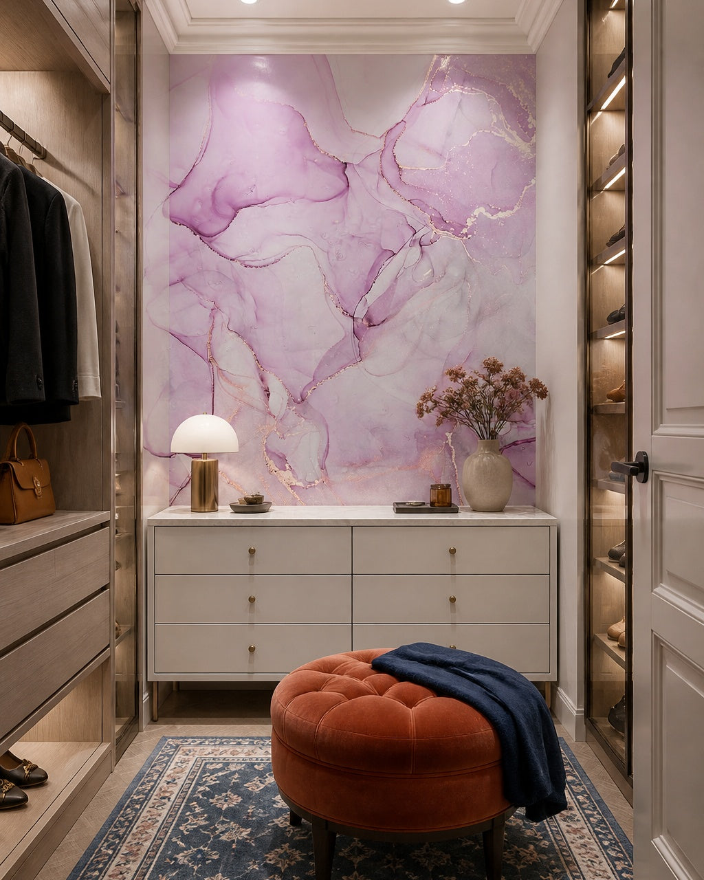 Soft pink & lilac alcohol ink wall mural in a dressing room.
