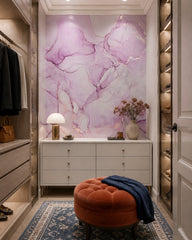 Soft pink & lilac alcohol ink wall mural in a dressing room.