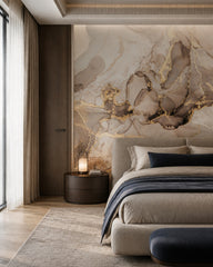 Fluid marble wallpaper in a designer bedroom.