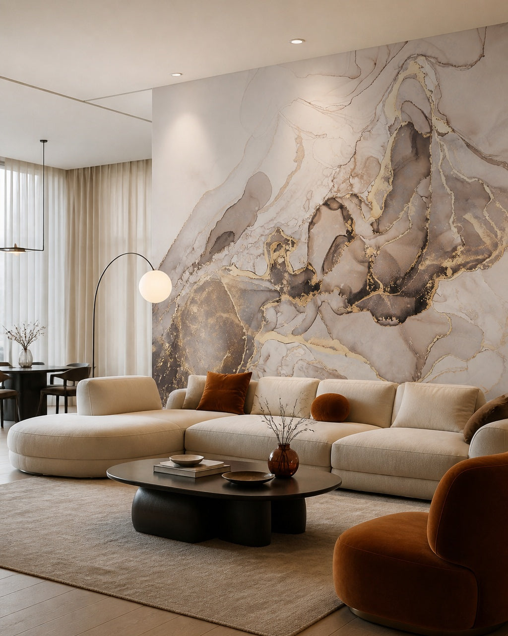 Fluid marble wallpaper in a designer living room.