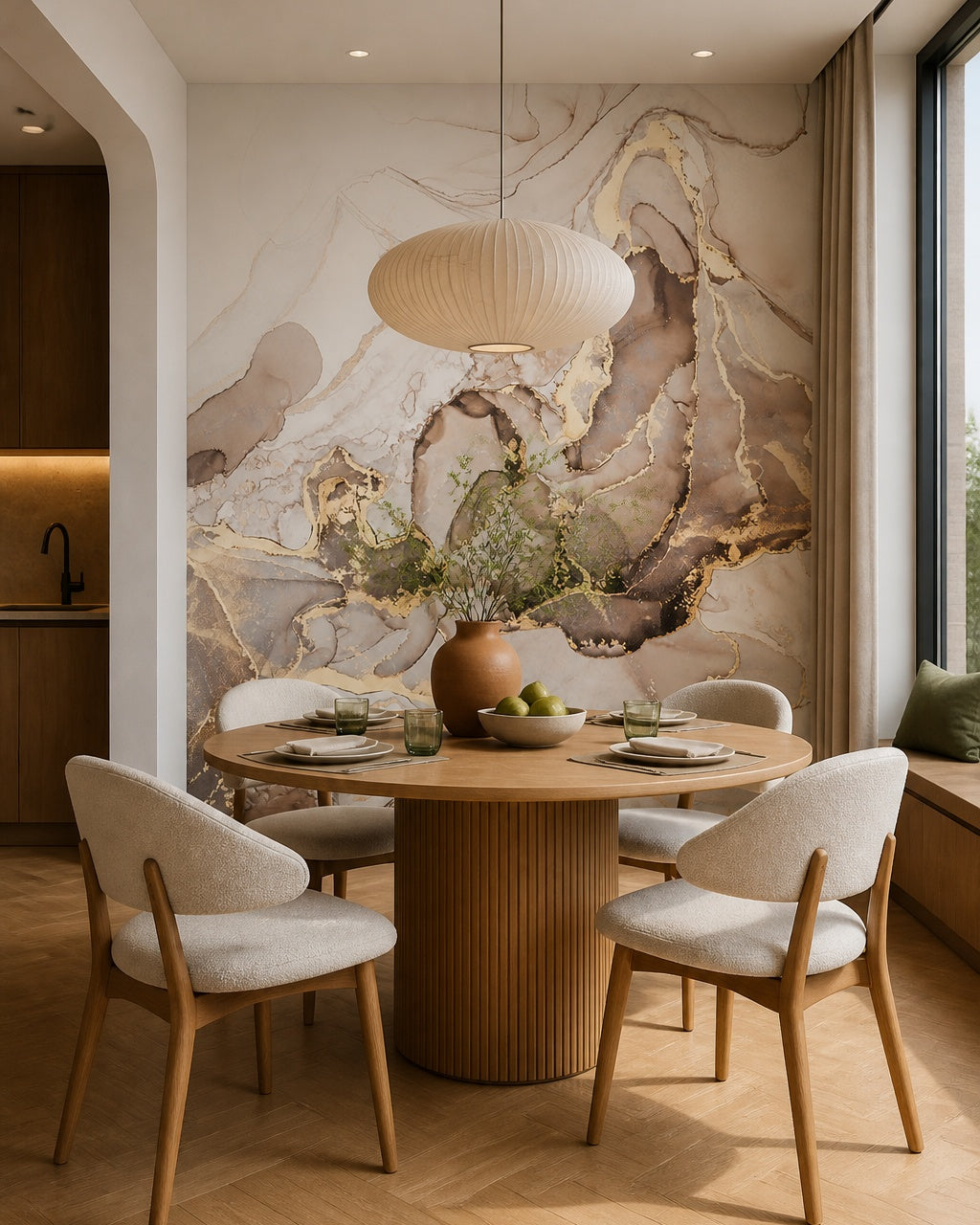 Fluid marble wallpaper in a refined dining area.