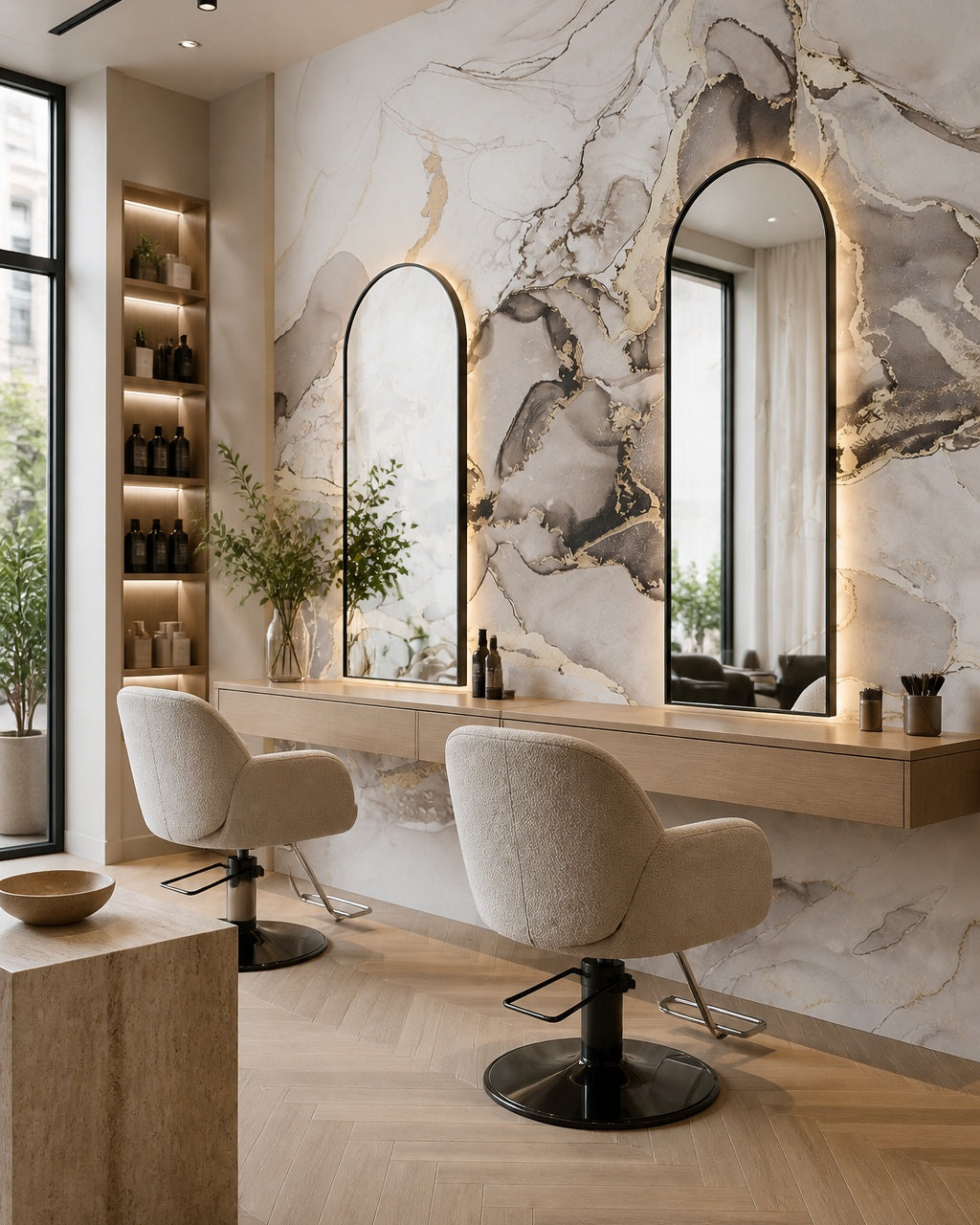 Fluid marble wallpaper in a beauty salon.