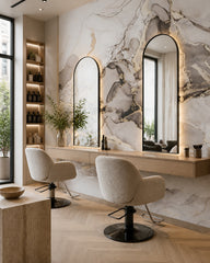 Fluid marble wallpaper in a beauty salon.