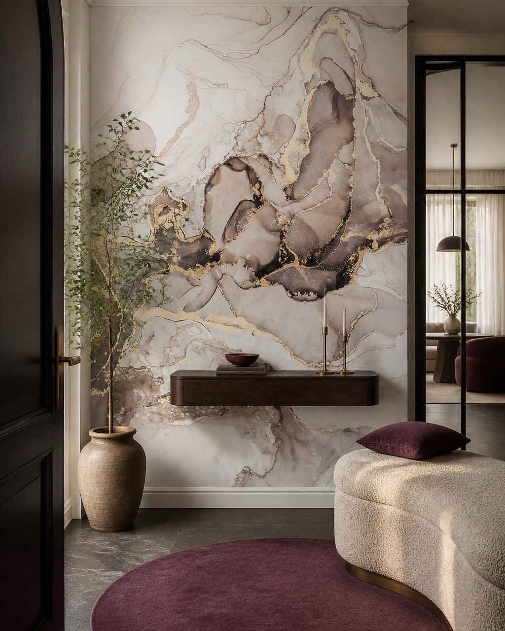 Fluid marble wallpaper in a refined foyer.