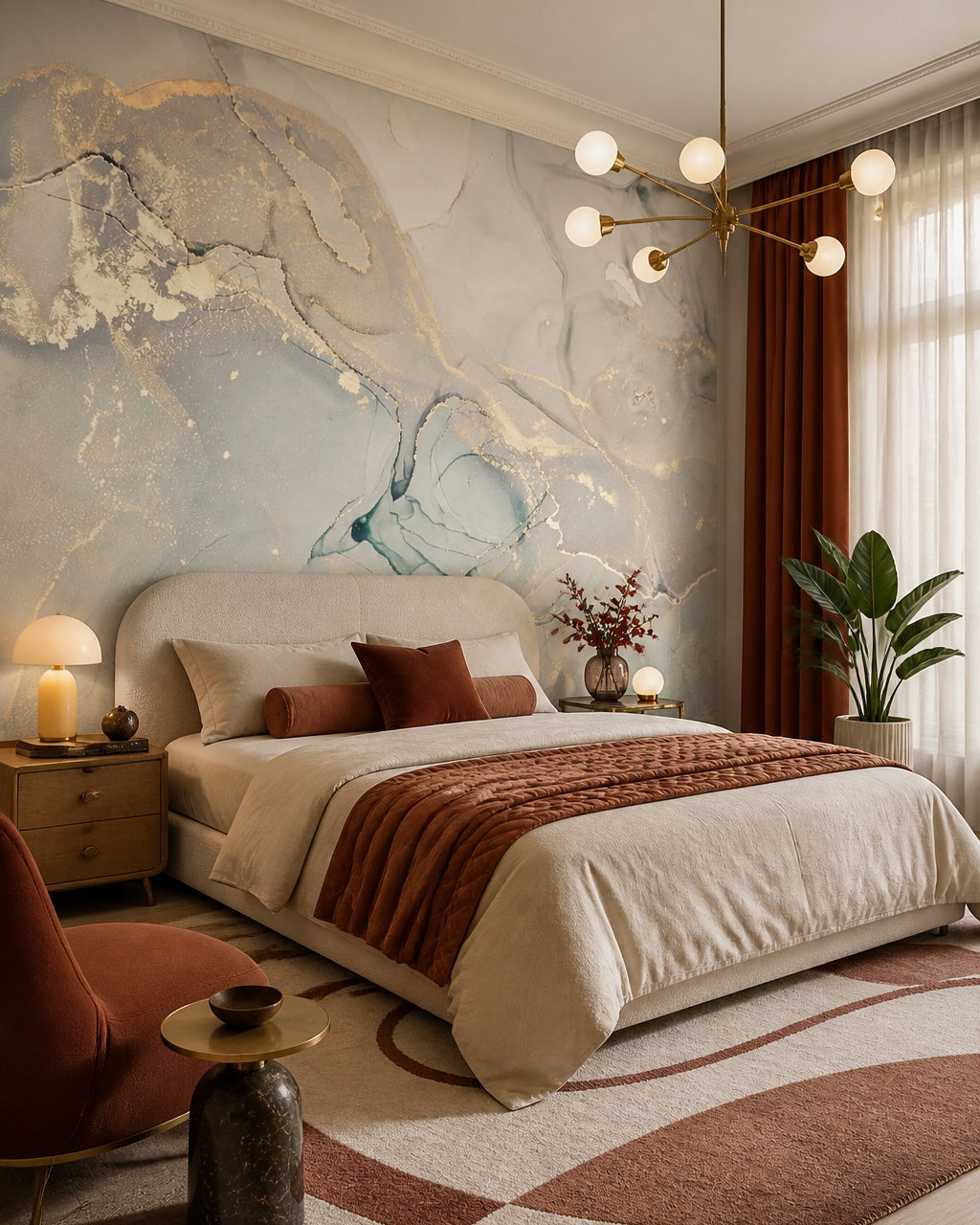 Taupe gold marble wallpaper in a designer bedroom.